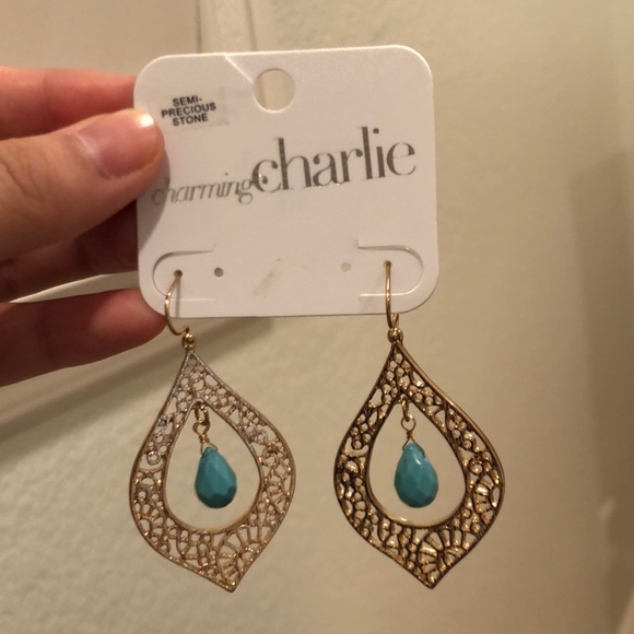 Chandelier style dangle earrings, gold/ turquoise - Picture 2 of 4